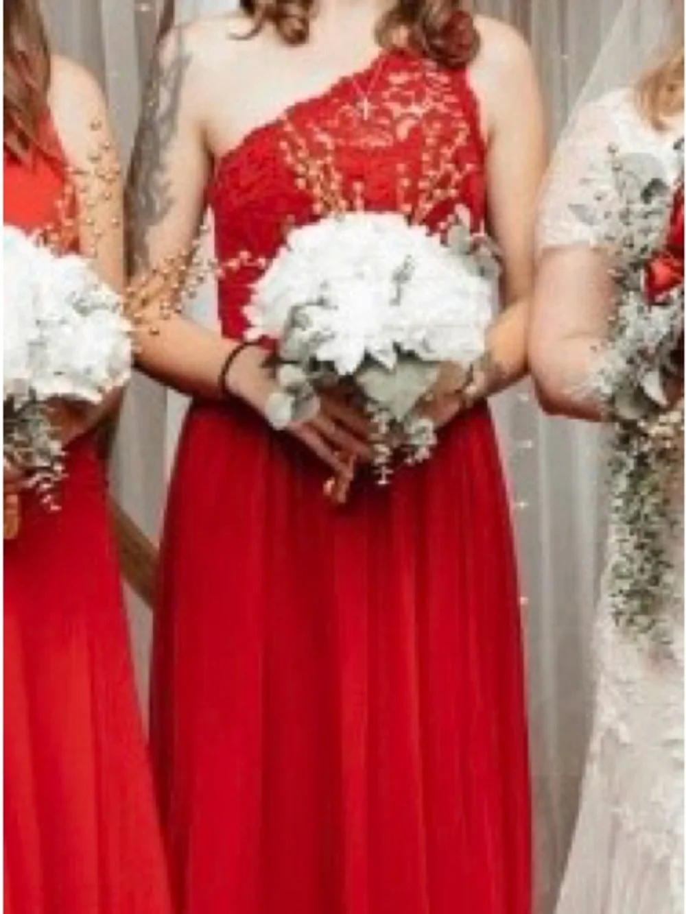 Red One-Shoulder Lace Bodice Maxi Dress - Women